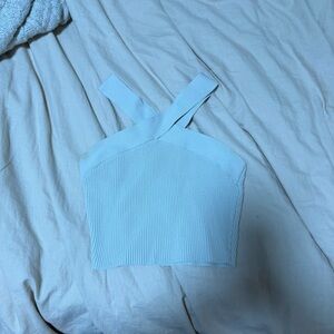 Babaton Light Blue Ribbed Cross-Strap Crop Tank